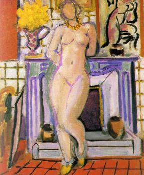 nude beside a fireplace